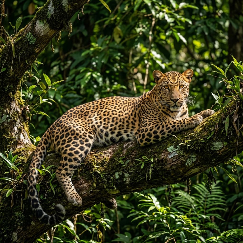 Sri Lankan leopard resting on jungle branch