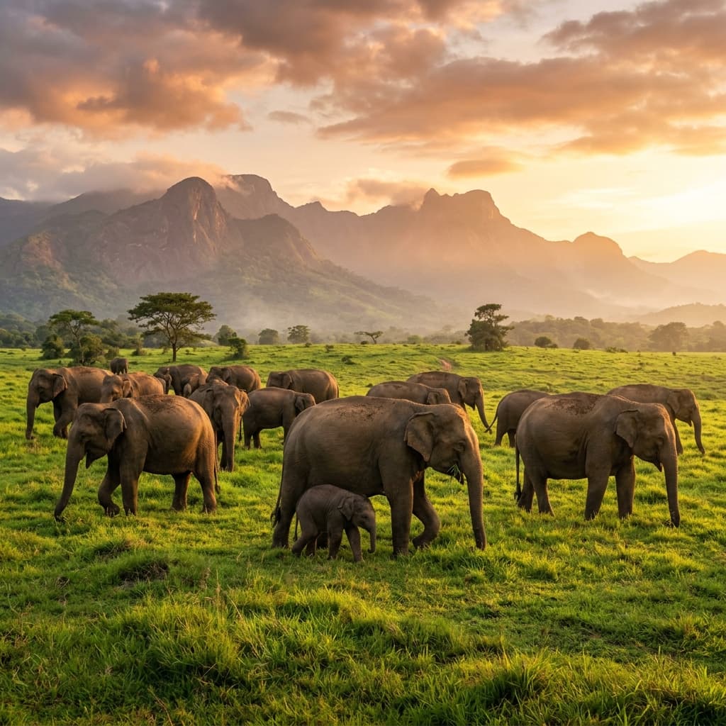 Wild Asian elephant herd in Udawalawe grassland
