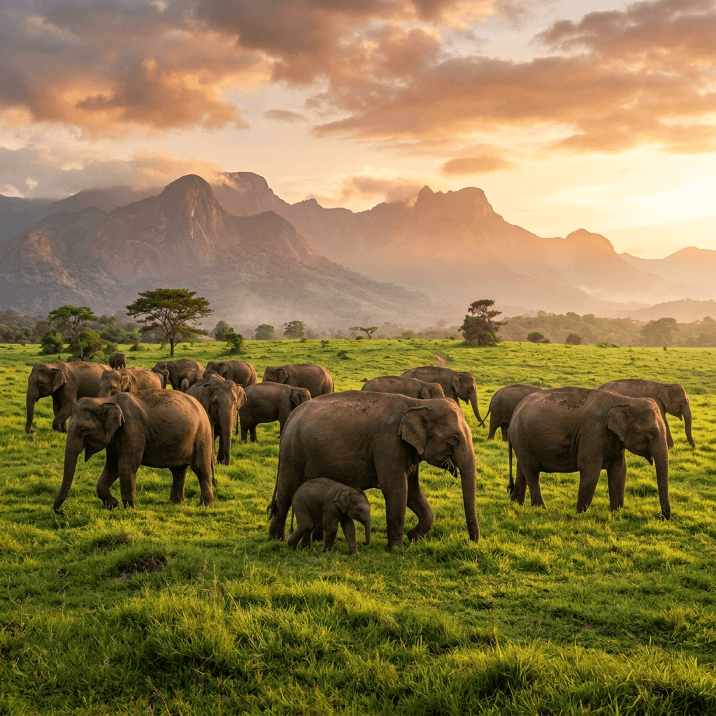 Wild Asian elephant herd in Udawalawe grassland 8K UHD
