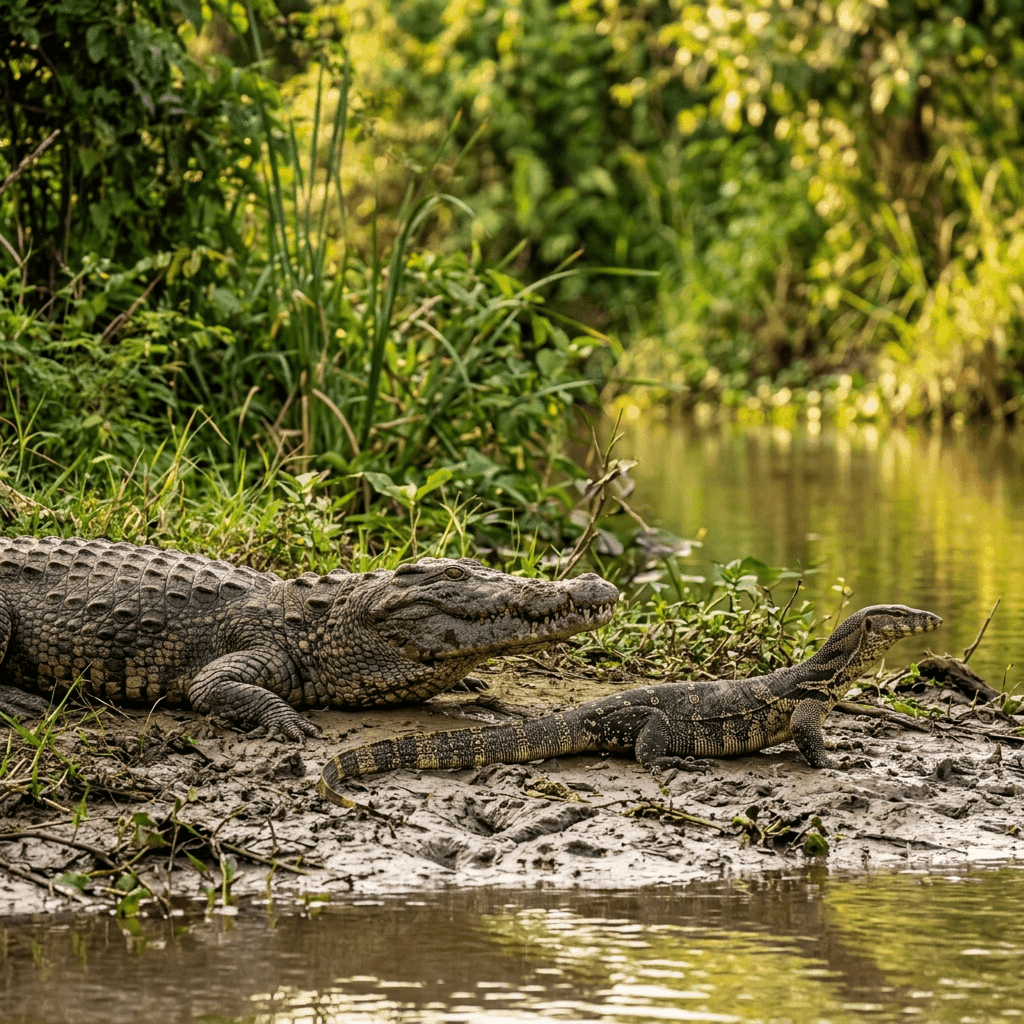 Sri Lankan mugger crocodile and water monitor lizard in 8K UHD
